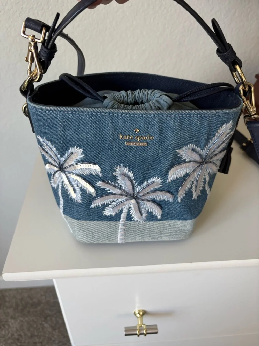 kate spade California dream in puppy Denim Palm Embroidered Crossbody Bucket Bag - Picture 2 of 11